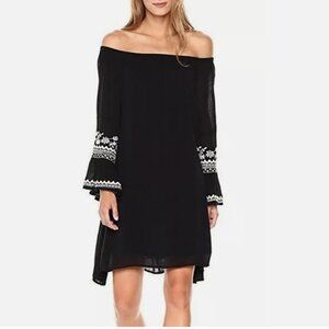 Max Studio Embroidered Off-Shoulder Bell Sleeve Black Gauze Dress
